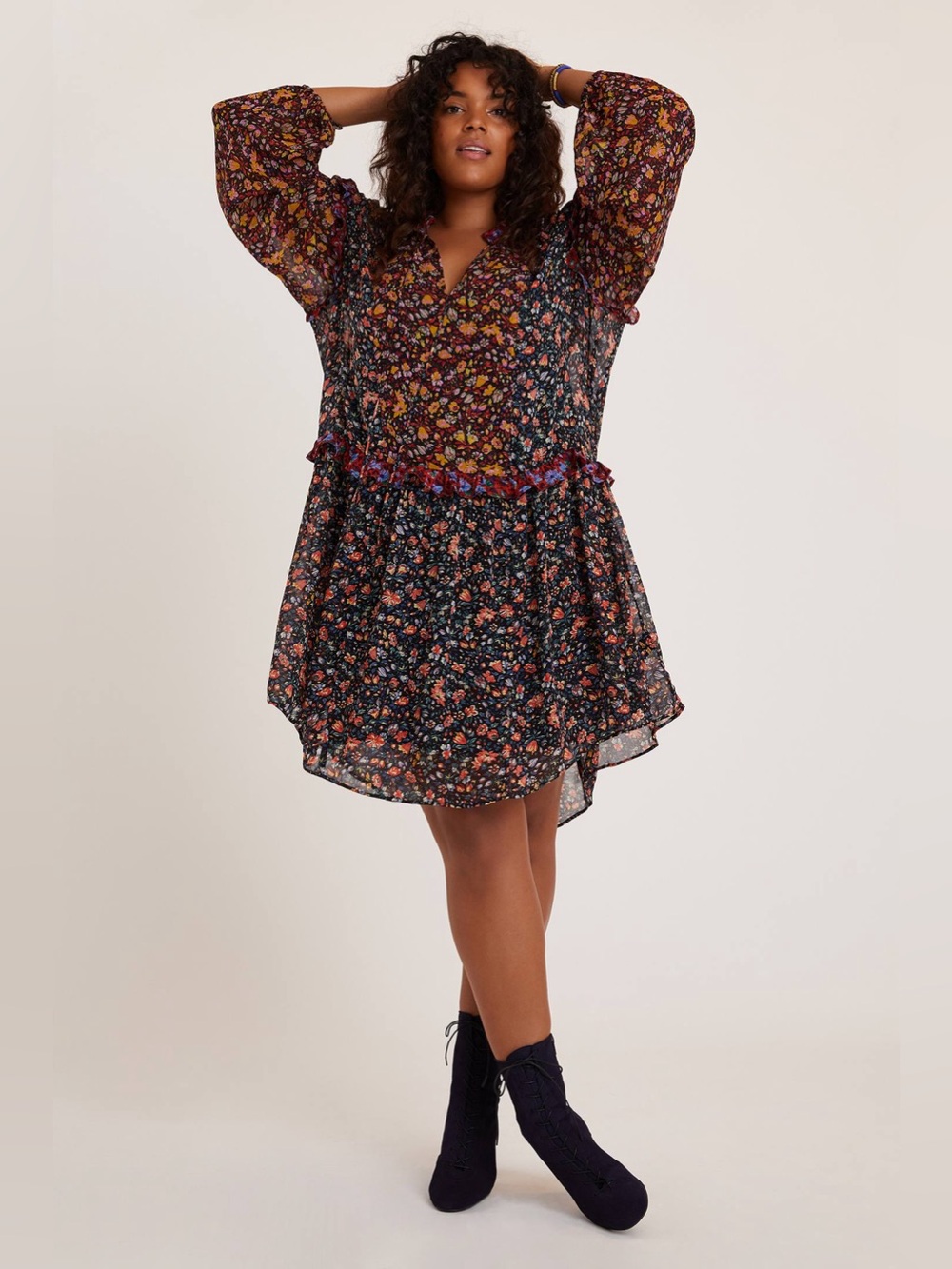 Anthropologie Helene Tunic Dress Mini Long Sleeve Semi Sheer Floral Print